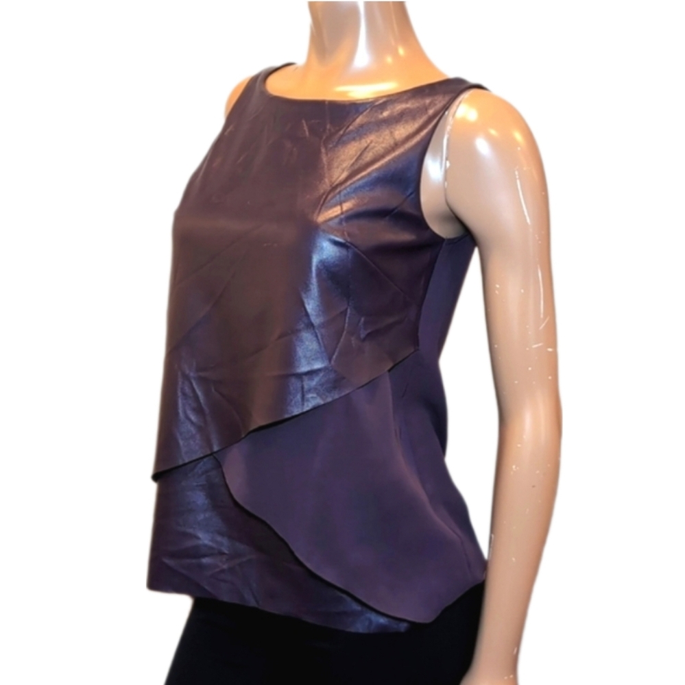 Melanie Lyne Faux Leather Sleeveless Top Asymmetric Layered Chiffon Size Small